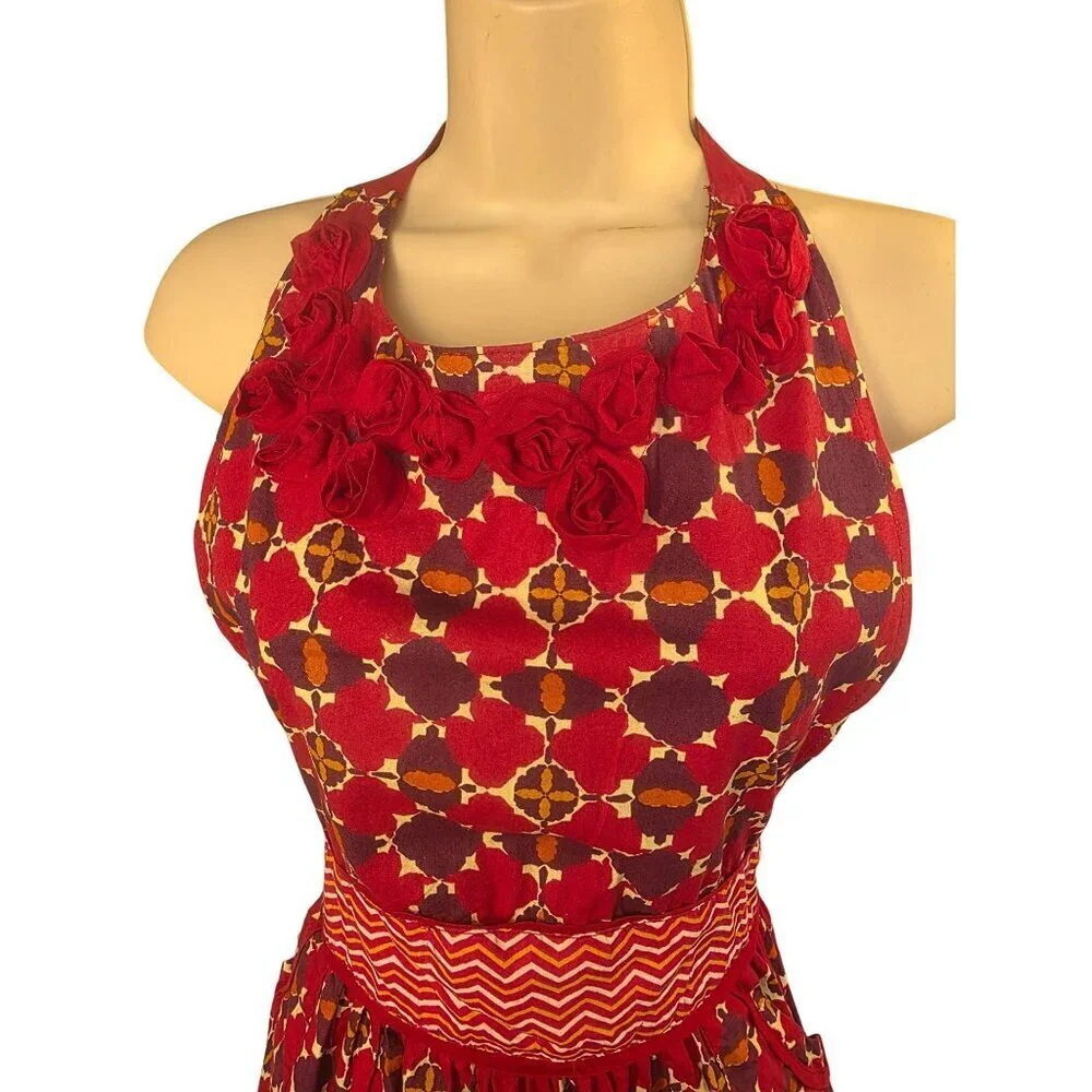 Simply EnVogue Wine Red Cotton Apron Women OS 3D Florette Applique Retro Kitchen